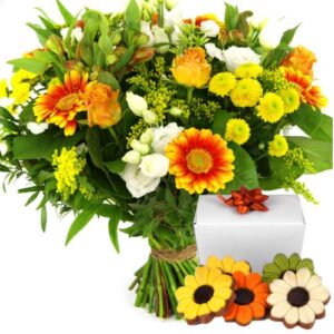 Vrolijk boeket + bloemen chocolade